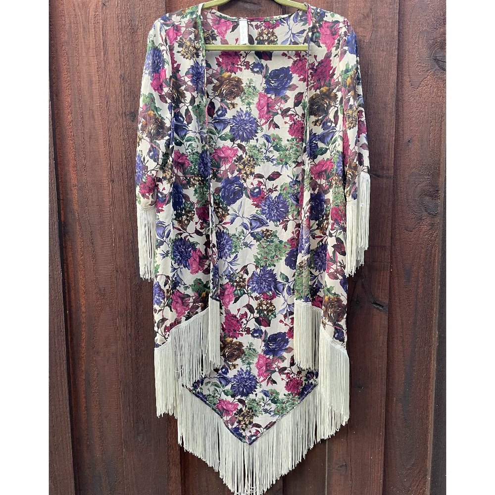 Fringed sheer kimono duster robe swim cover up